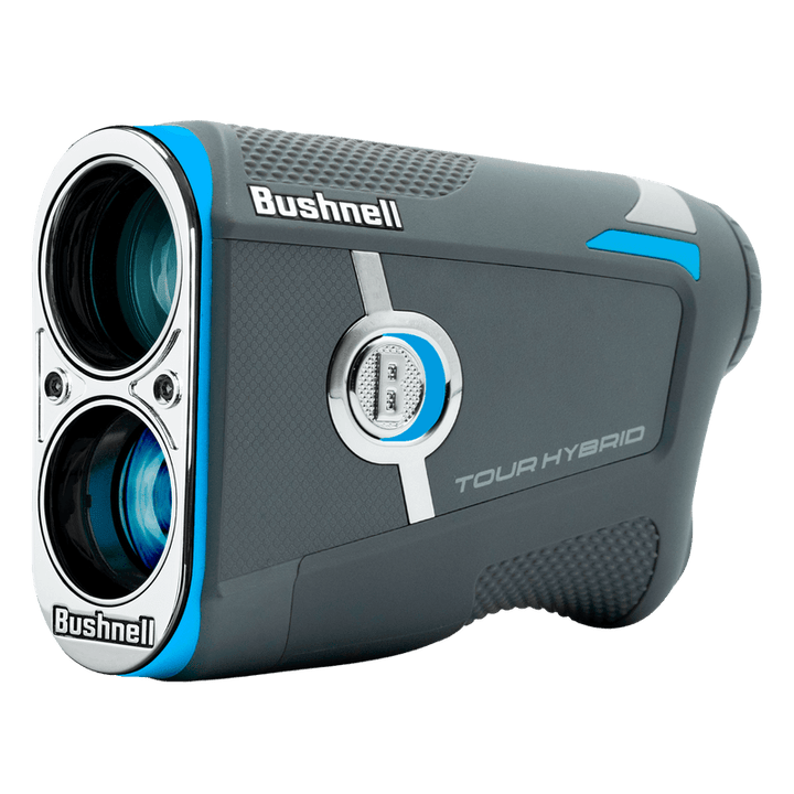 Bushnell tour hybrid rangefinder, gray and blue design with dual lenses.
