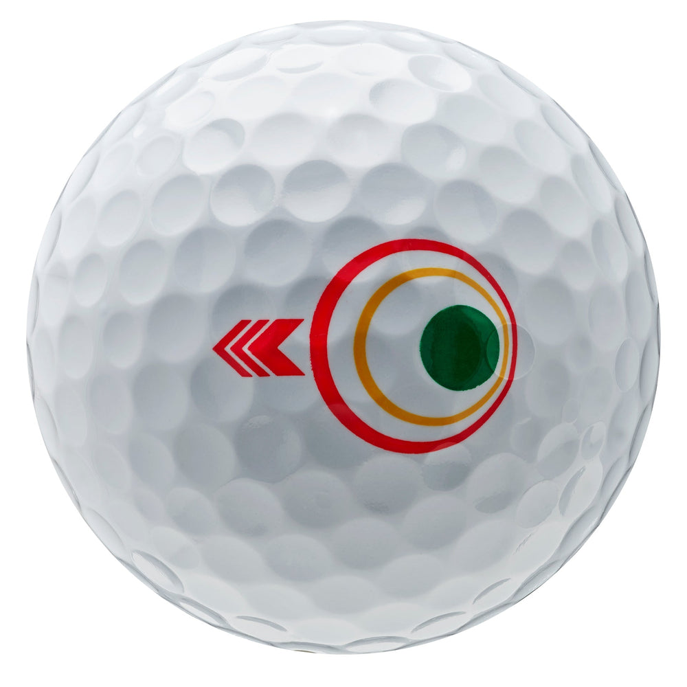 White golf ball with green, red and yellow design featuring a target-like pattern.