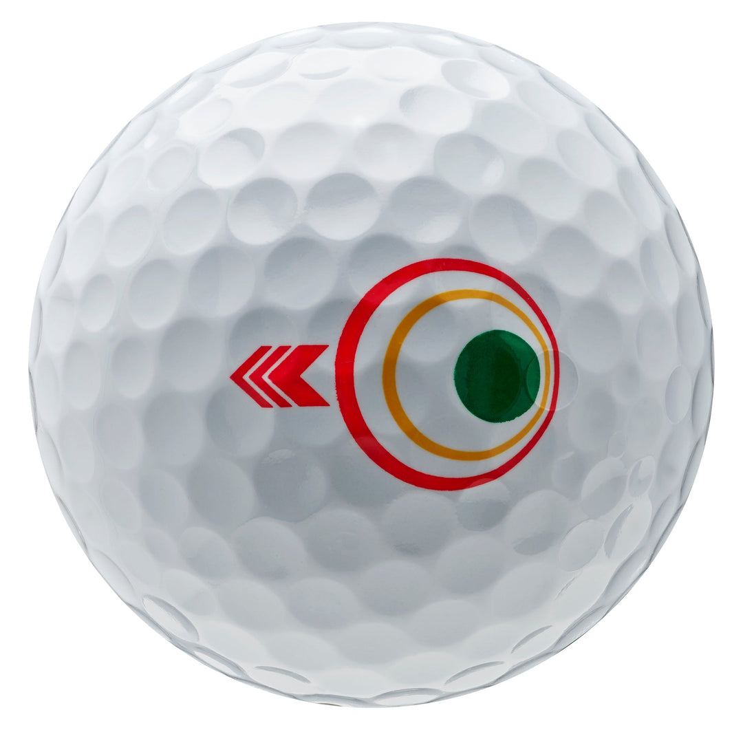 White golf ball with green, red and yellow design featuring a target-like pattern.