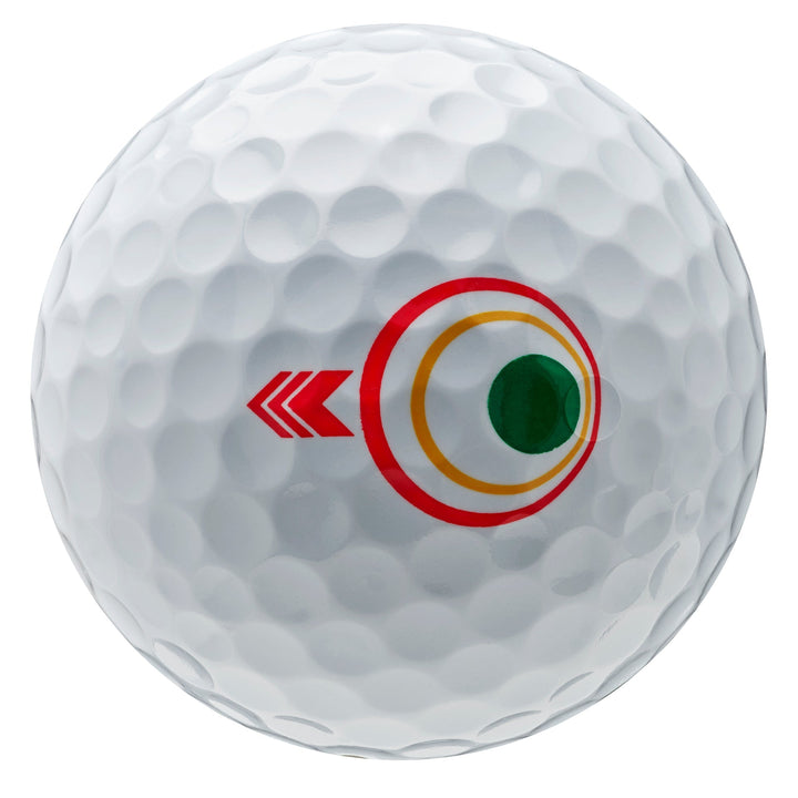 White golf ball with green, red and yellow design featuring a target-like pattern.