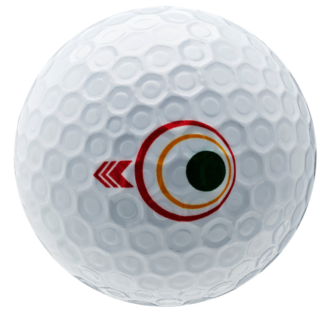 White golf ball with a red and yellow circular design featuring an arrow on one side.