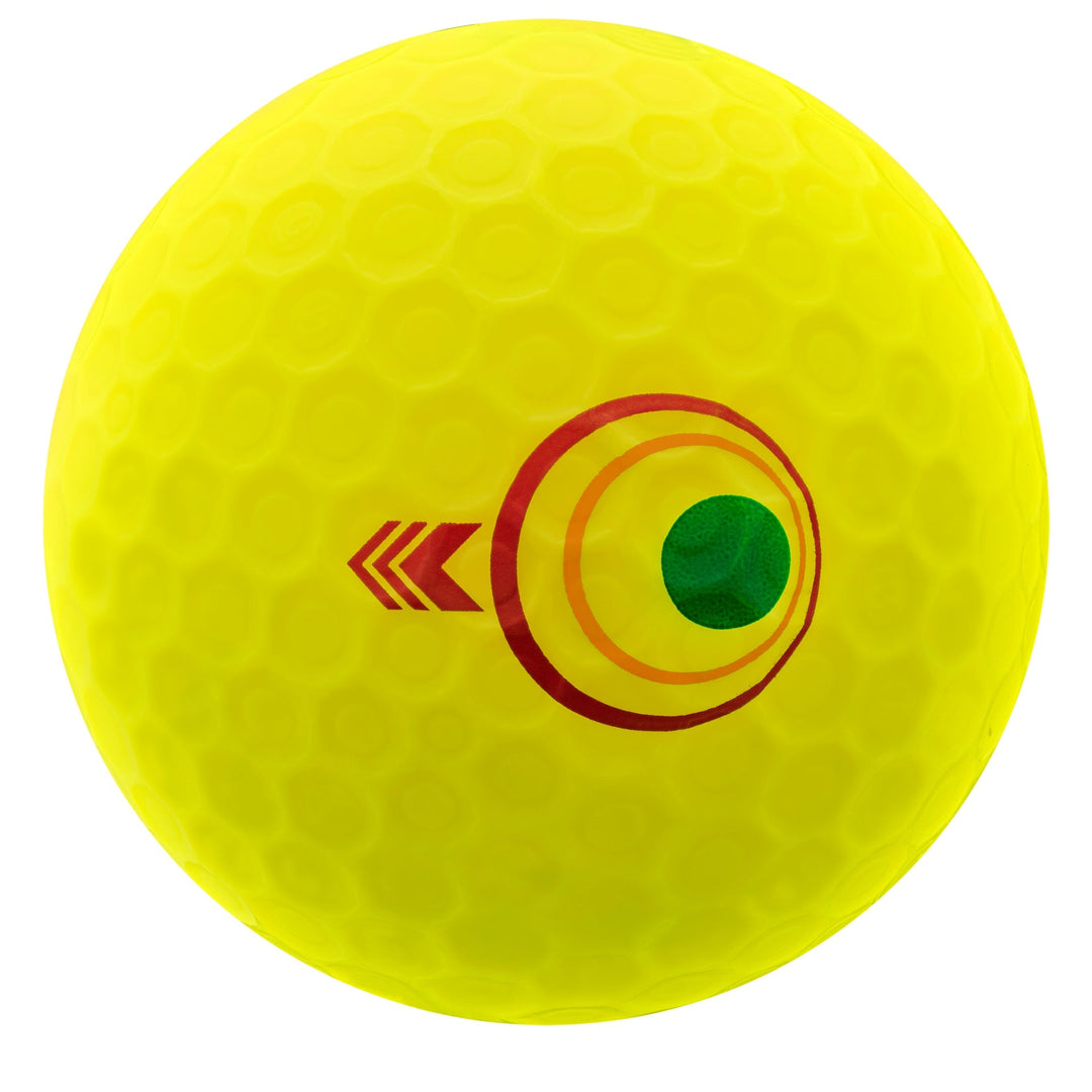 Yellow golf ball with red and green design, likely made of rubber or plastic.