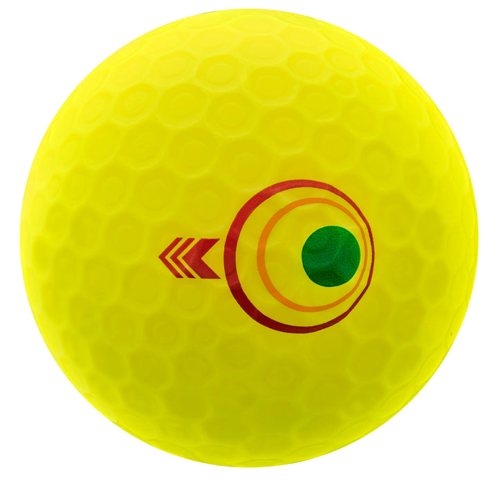 Yellow golf ball with red and green design, likely made of rubber or plastic.