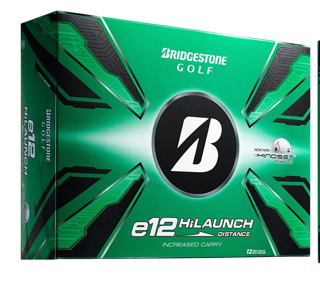Green and black golf ball box with bridgestone logo, e12 hilaunch distance label.