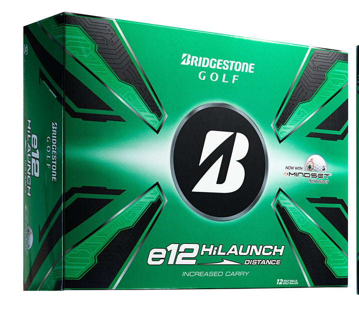 Green and black golf ball box with bridgestone logo, e12 hilaunch distance label.
