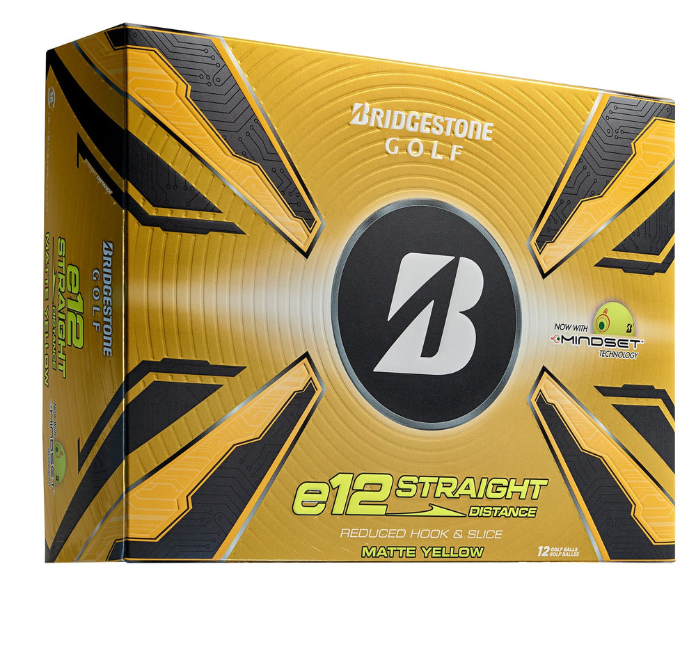 Gold and black bridgestone e12 straight distance golf ball box with a bold ’b’ logo.