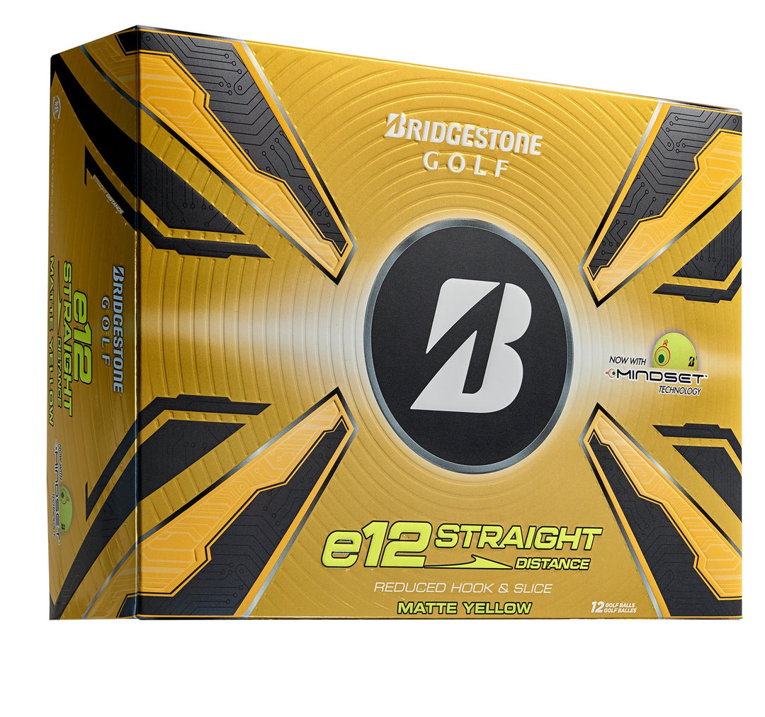 Gold and black bridgestone e12 straight distance golf ball box with a bold ’b’ logo.