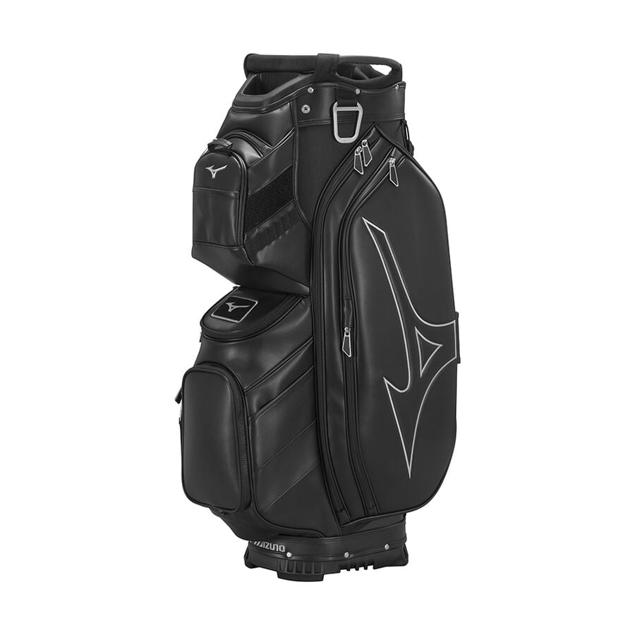 Black mizuno golf bag with white logo and strap details.