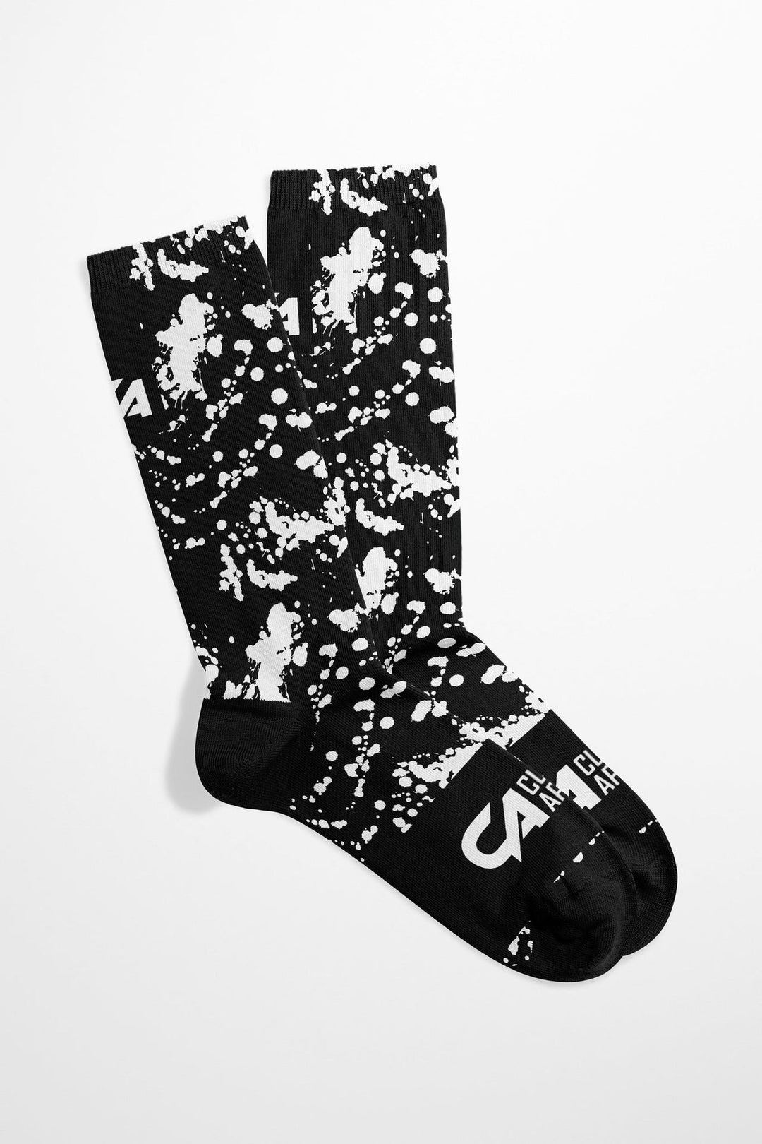 Black and white splatter patterned socks with ’ca’ logo.