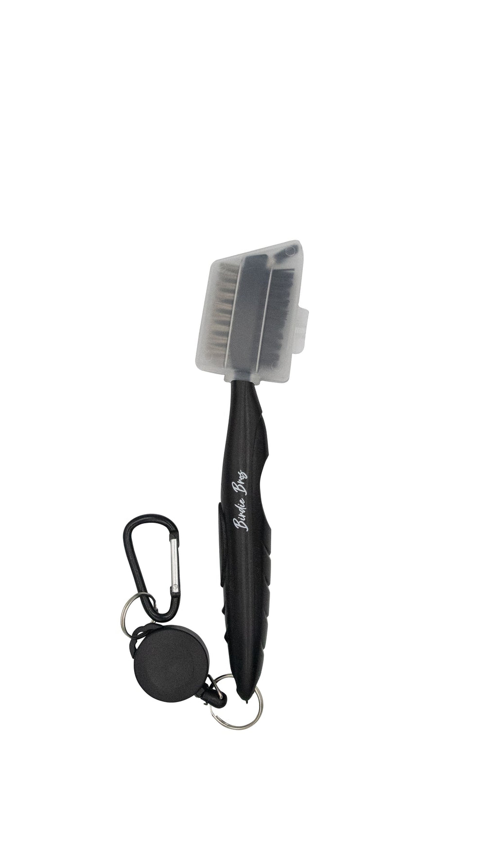 Black and silver travel toothbrush with carabiner attachment.