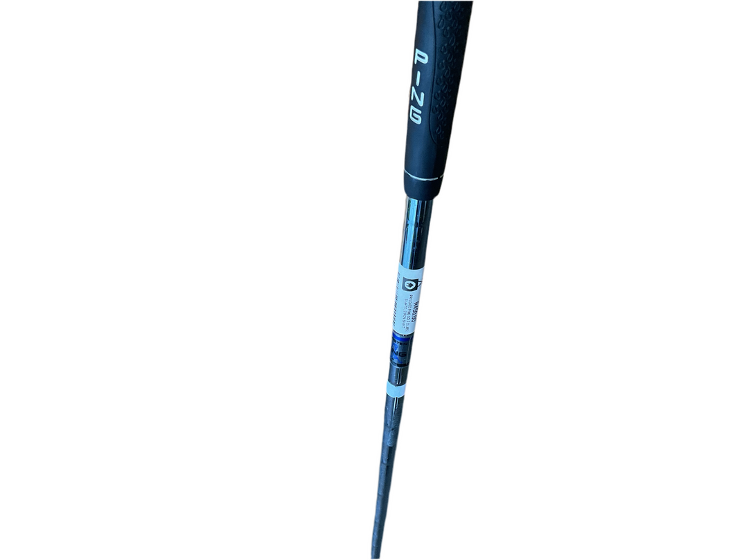 Blue and white golf club with ’rnb’ logo on grip.