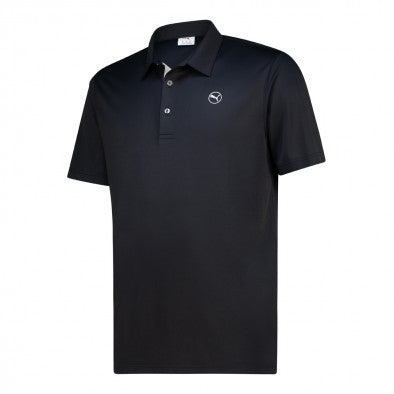 Black puma polo shirt with white logo and collar details.