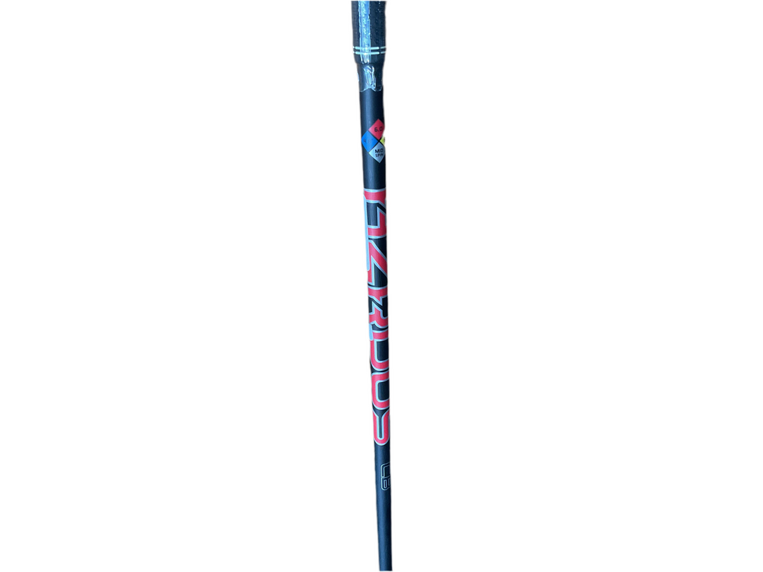 Blue and pink lacrosse stick shaft with ’lacrosse’ text design.