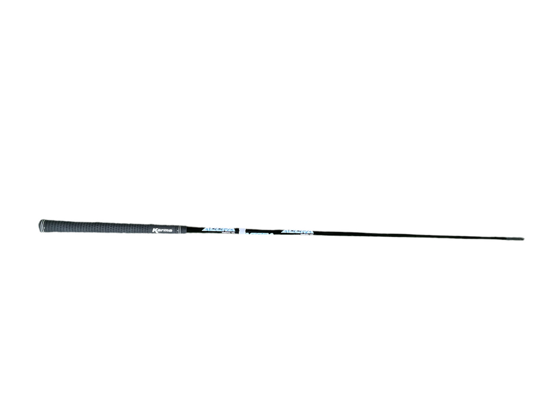 Carbon fiber fishing rod with black and white grip, sleek design.