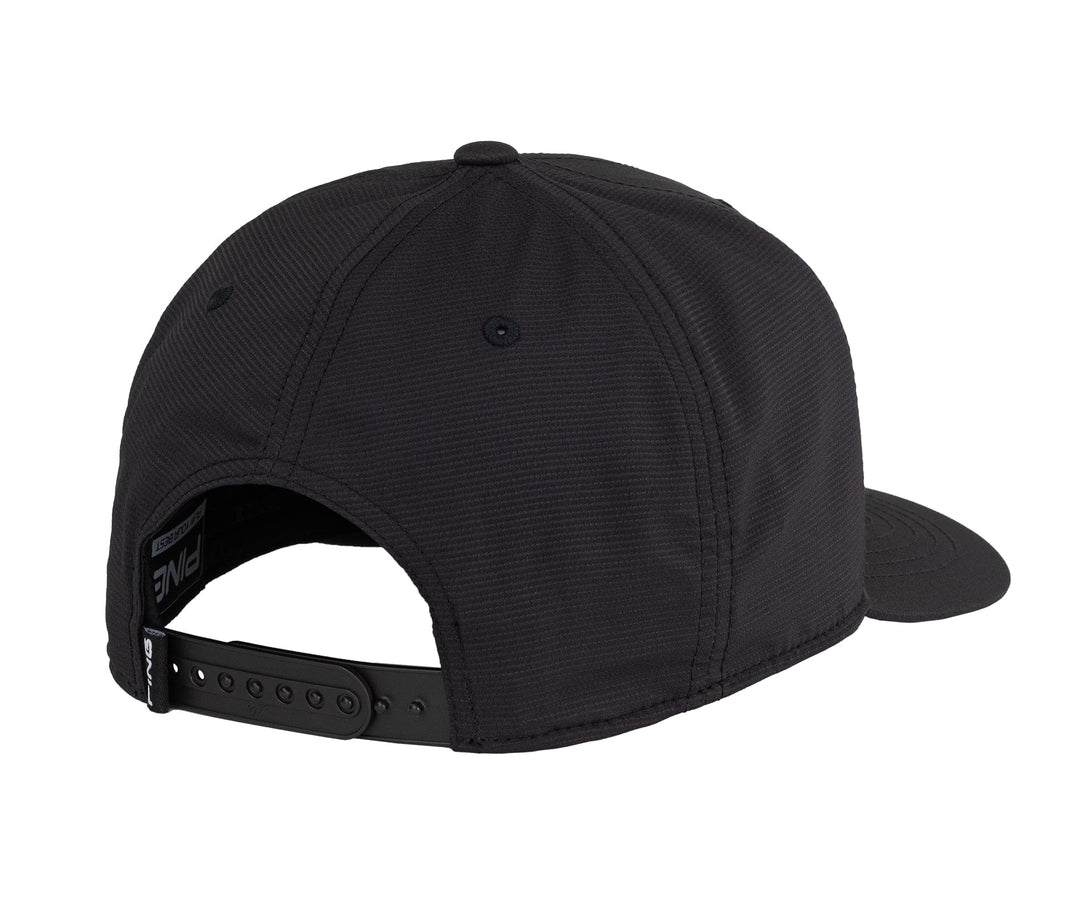 Black baseball cap with adjustable strap and button closure, likely made of cotton or polyester fabric.