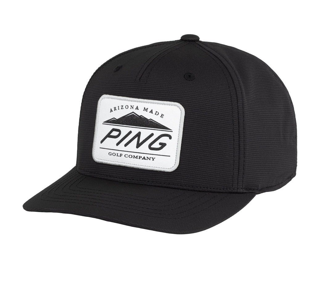 Ping black mesh hat with white logo and patch design.
