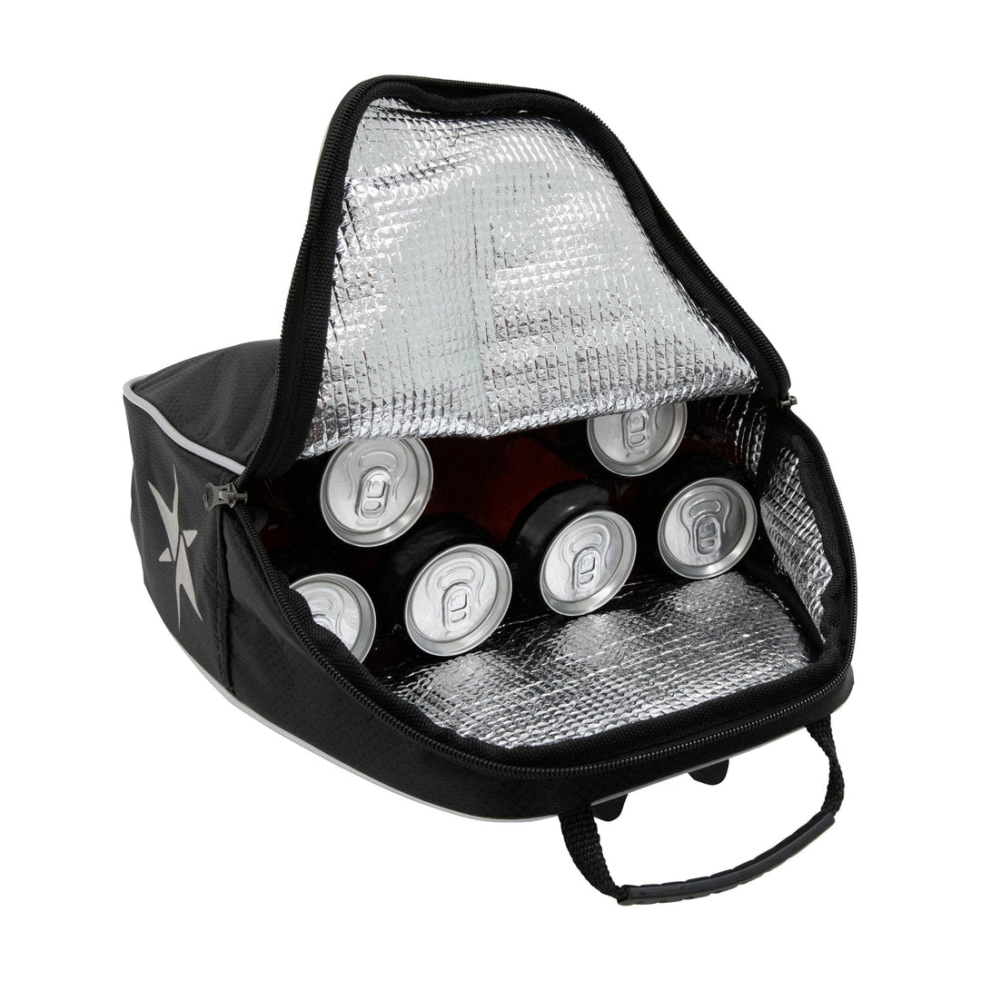 Black insulated cooler bag with silver lining and six can capacity.