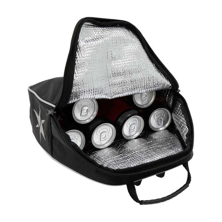 Black insulated cooler bag with silver lining and six can capacity.