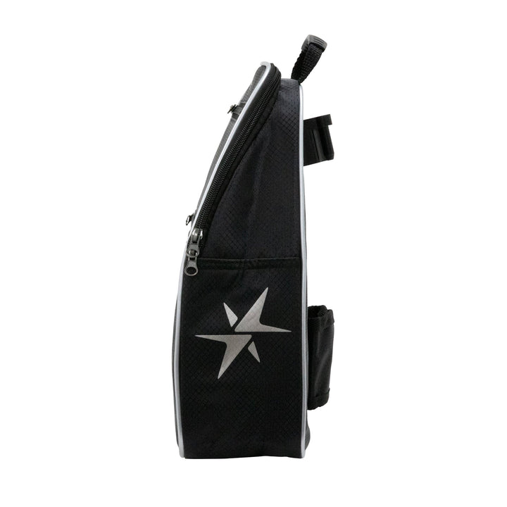 Black star-patterned guitar case with silver accents and zipper.