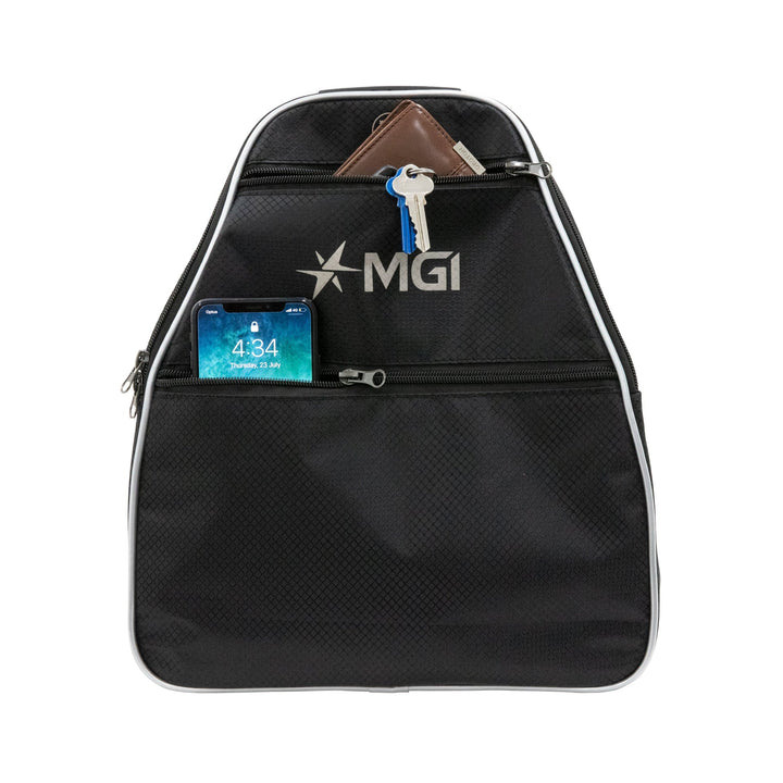 Black mesh car seat organizer with mgi logo and pockets for storage.