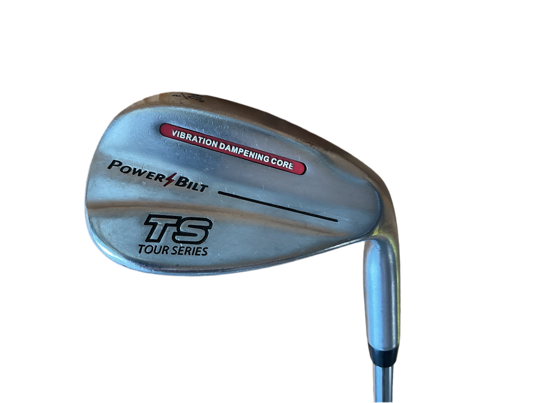 Powerbilt tour-series wedge with vibration dampening core, silver and black finish.