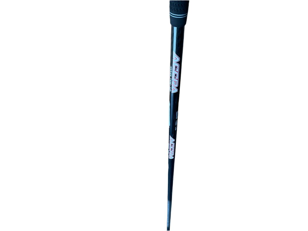 Black and silver lacrosse stick with ’acom’ branding.