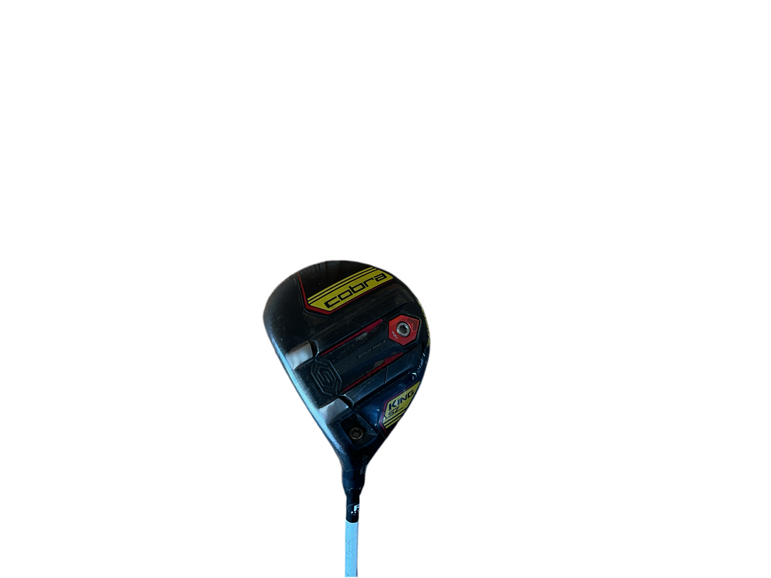 Black and blue driver golf club head with a sleek design.