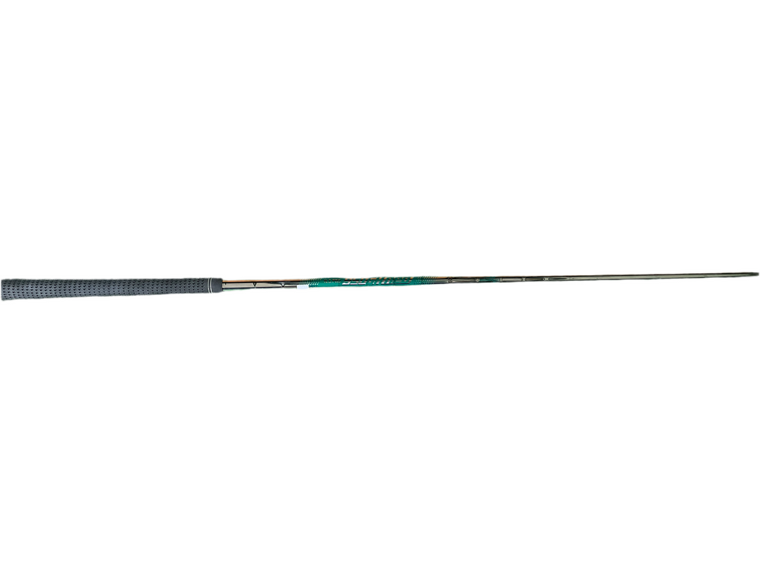 Green and black fishing rod with a textured handle.