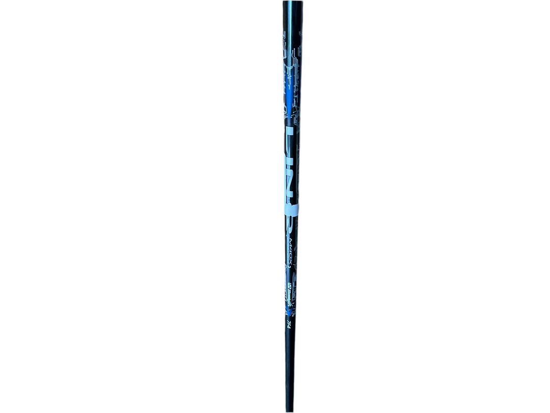 Blue and black lacrosse stick with white text design.