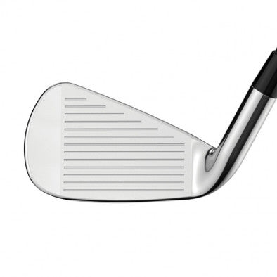 Silver wedge golf club head with black grip and grooves for spin control.