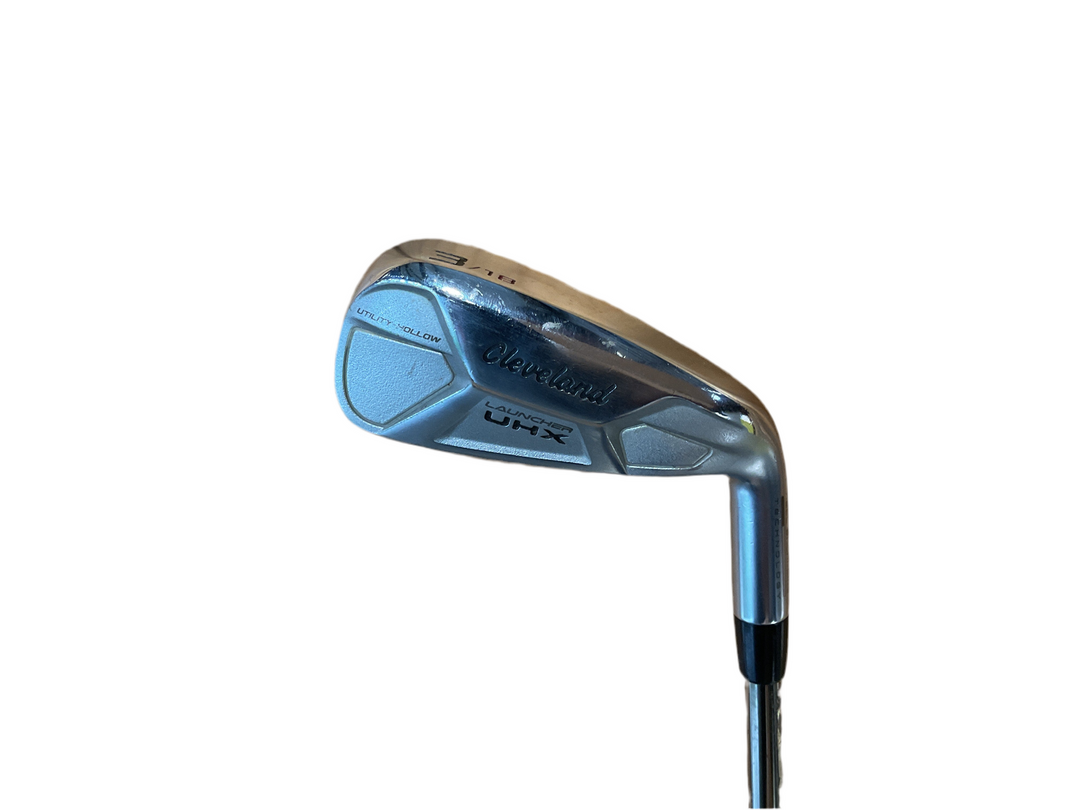 Steel wedge golf club with blue and silver accents, featuring a ’uhk’ logo.