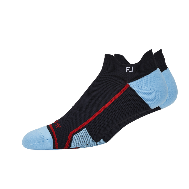 Black and light blue golf socks with red accents, fj logo.
