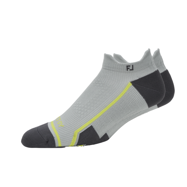 Gray and neon yellow golf socks with fj logo, made of athletic material.