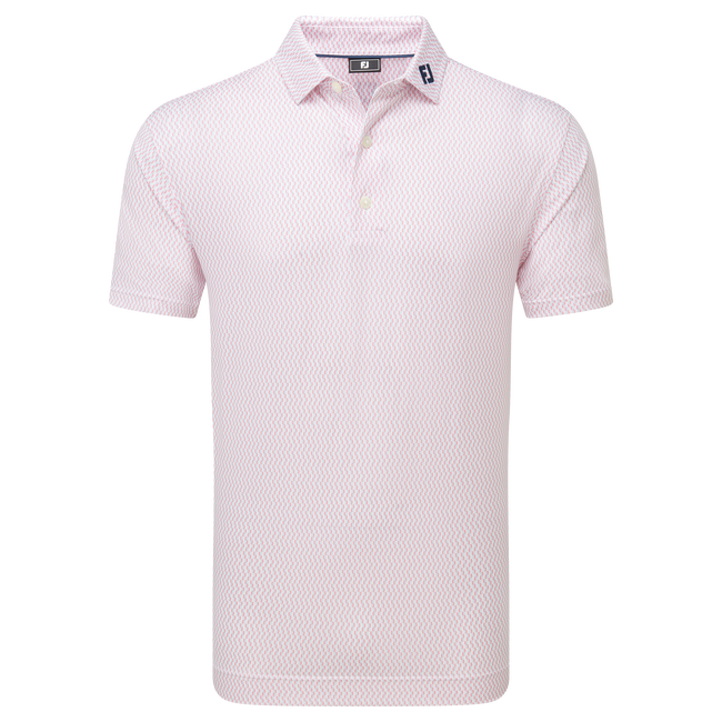 Pink polo shirt with diamond pattern and collar, likely made of cotton or polyester blend.