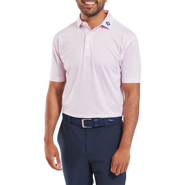 FootJoy men’s lavender polo shirt with geometric pattern and navy pants