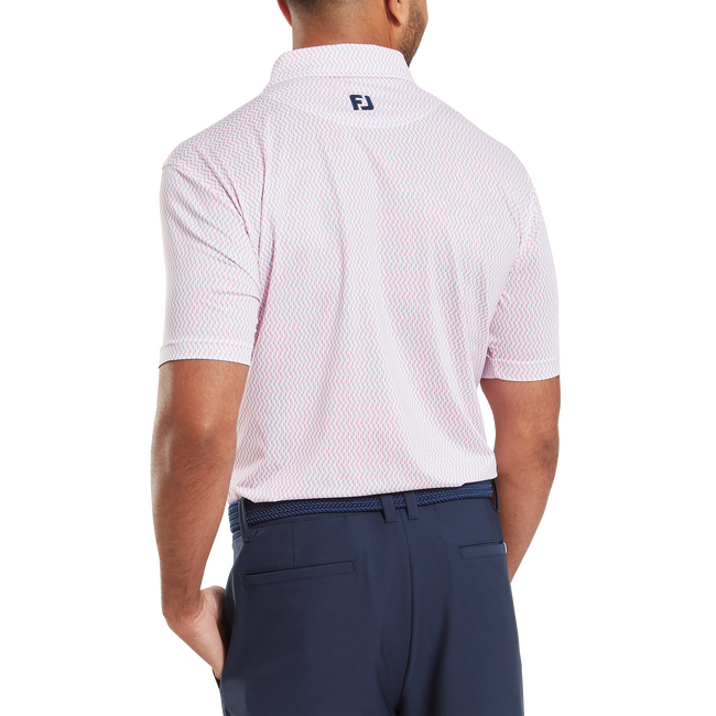White FootJoy men’s golf polo shirt with black wiggle print pattern