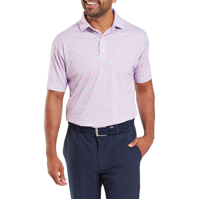 FootJoy Men’s EU Floral Sketch Lisle Golf Shirt in Pink Lemonade