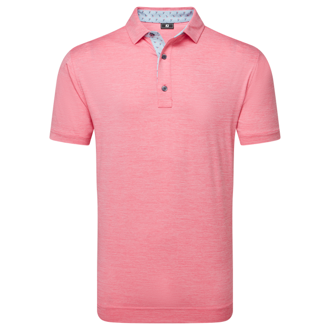 Coral polo shirt with contrast collar and sleeve accents, made of cotton.