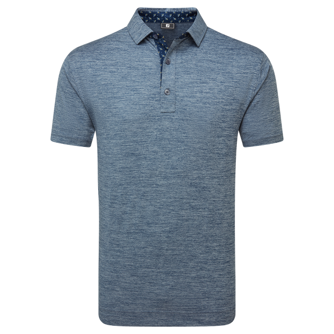 Heathered blue polo shirt with a subtle pattern and short sleeves.