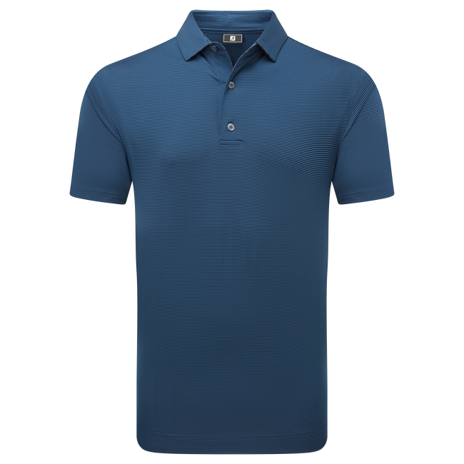 Blue polo shirt with a subtle striped pattern and button-down collar, likely made of cotton or polyester blend.