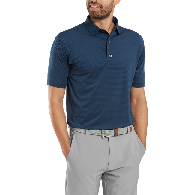 Navy blue polo shirt with short sleeves and button-down collar, made of lightweight fabric.