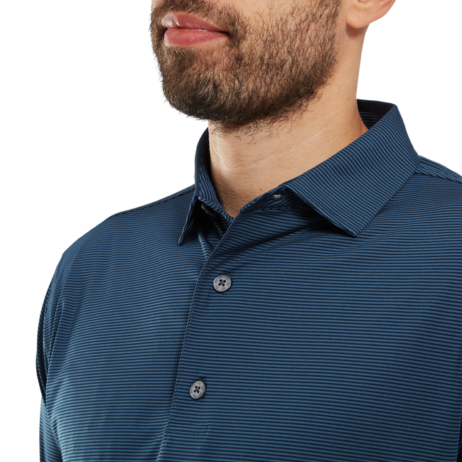 Blue striped polo shirt with button-down collar and short sleeves.