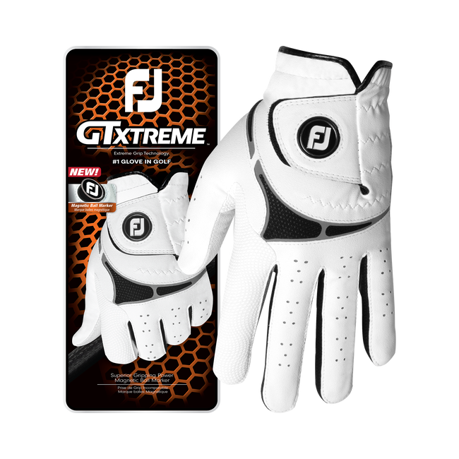 White leather golf glove with perforated palm and footjoy logo, designed for comfort and grip.