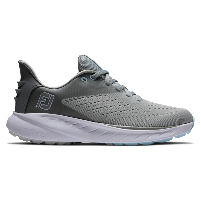 Grey golf shoe with white sole and perforated design, featuring the footjoy logo.