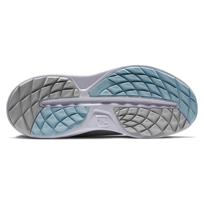 Light blue and white golf shoe with quilted design, likely from footjoy brand.