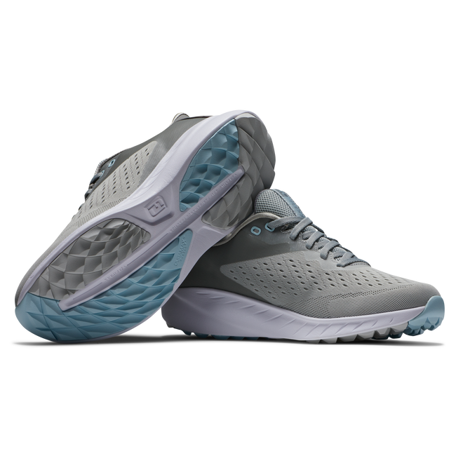 Grey and light blue running shoe with mesh upper, white laces, cushioned sole, hoka one one brand.