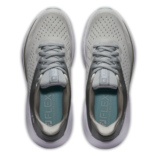 White and gray athletic shoe with perforated mesh upper, cushioned sole, and ’g-flex’ branding.