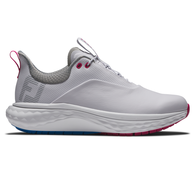 White and pink fila golf shoe with a textured upper, rubber sole, and branded logo.