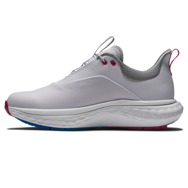 White and pink running shoe with a cushioned sole, nike brand.