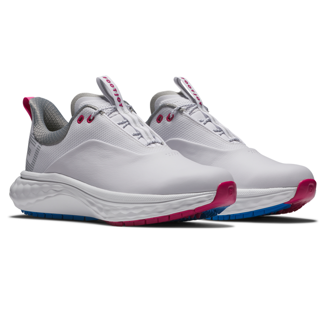 White and pink nike running shoe with blue accents.